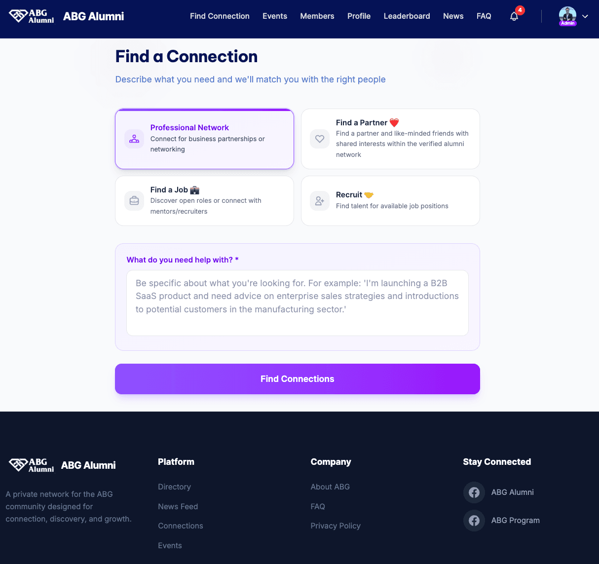 ABG Alumni interface for finding professional, personal, job, and recruiting connections.