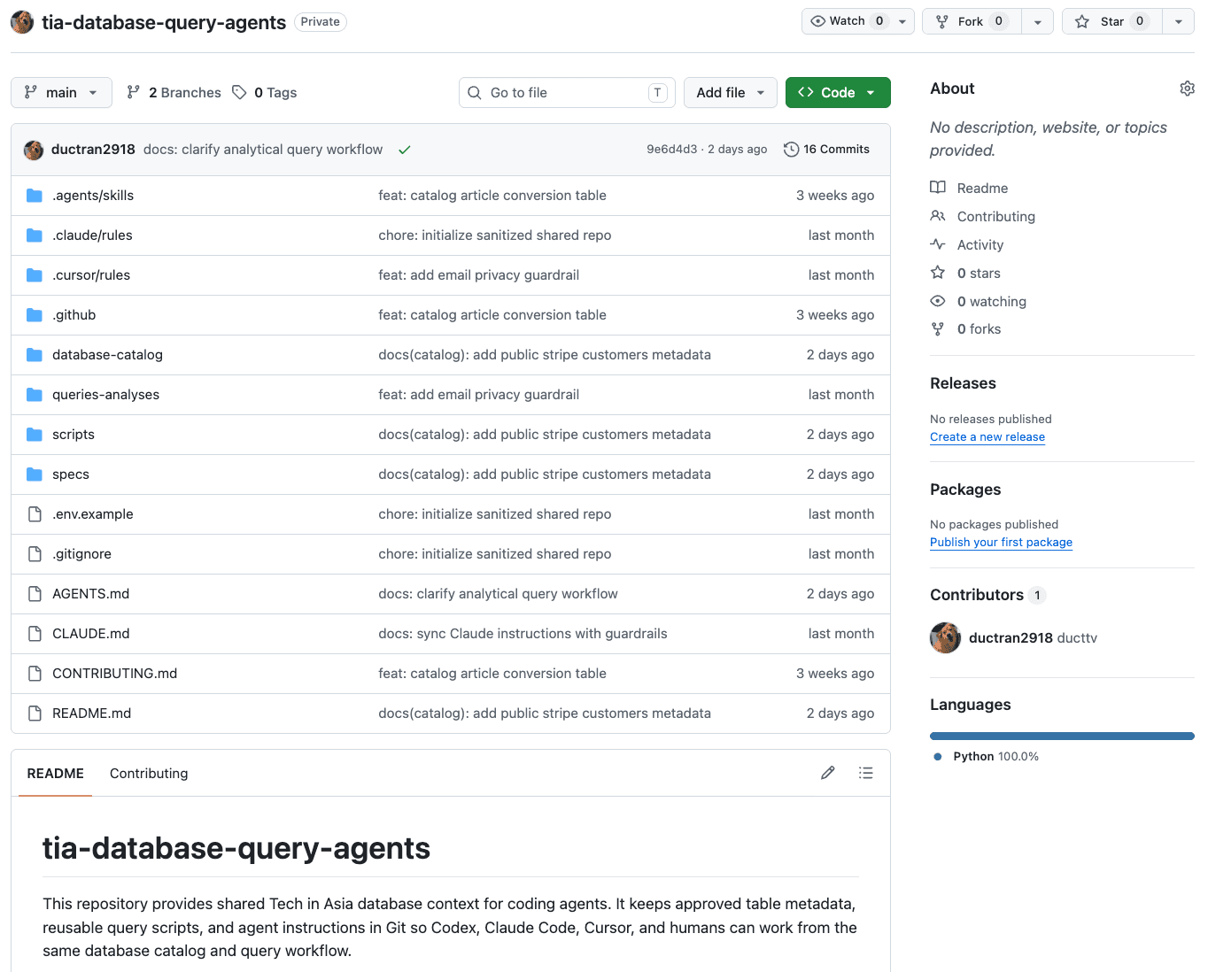 GitHub repository for shared database documentation and agent query workflows.
