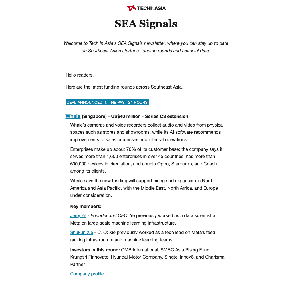 SEA Signals newsletter featuring a Southeast Asian startup funding alert.